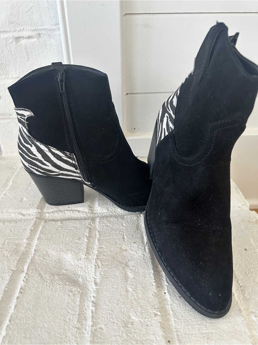Women’s Black Faux Suede Ankle Boots with Zebra Accent